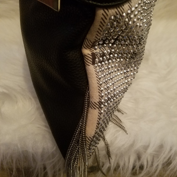 BEIGE AND BLACK SPARKLING FRINGE PLAID PRINT SHOULDER BAG - Picture 8 of 11